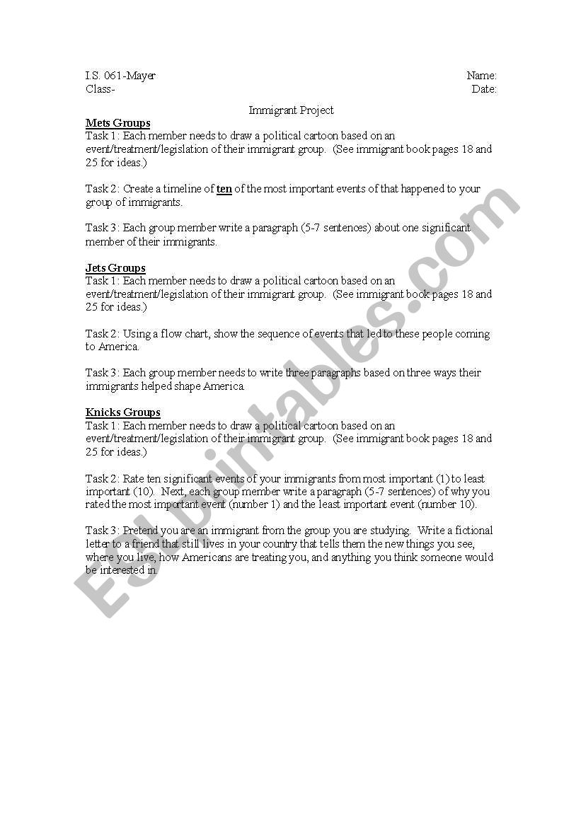 Immigration Jigsaw Project worksheet