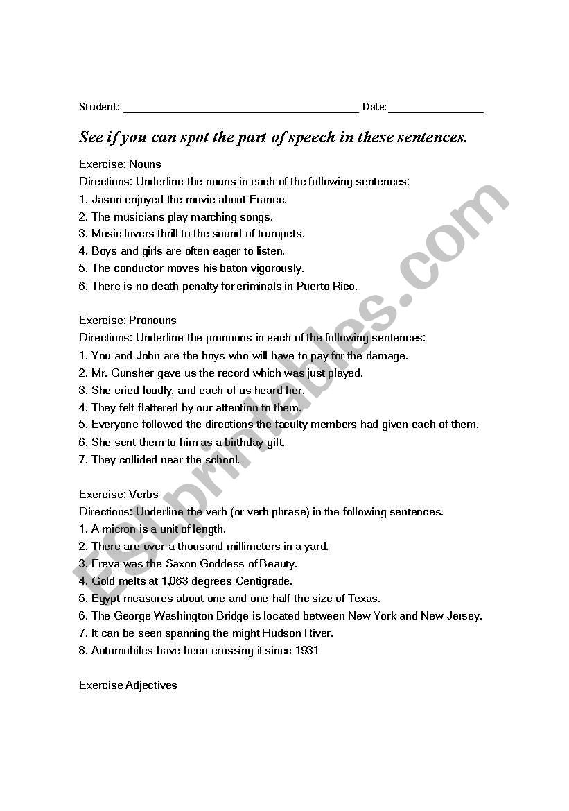 practice parts of speech worksheet