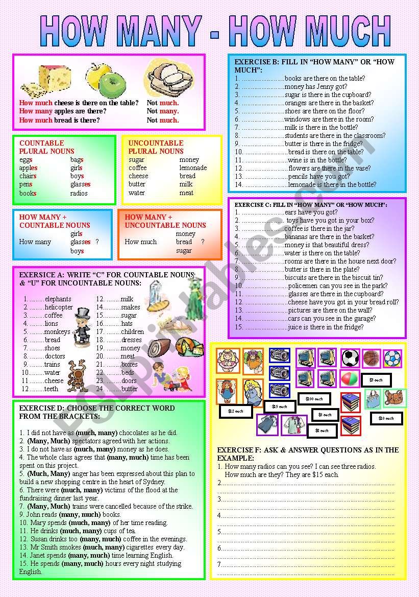 NOUNS- Countable or Uncountable? - HOW MUCH is used with singular uncountable nouns & HOW MANY is used with plural countable nouns - ((5 exercises & 70 sentences to complete)) - elementary/intermediate - ((B&W VERSION INCLUDED))