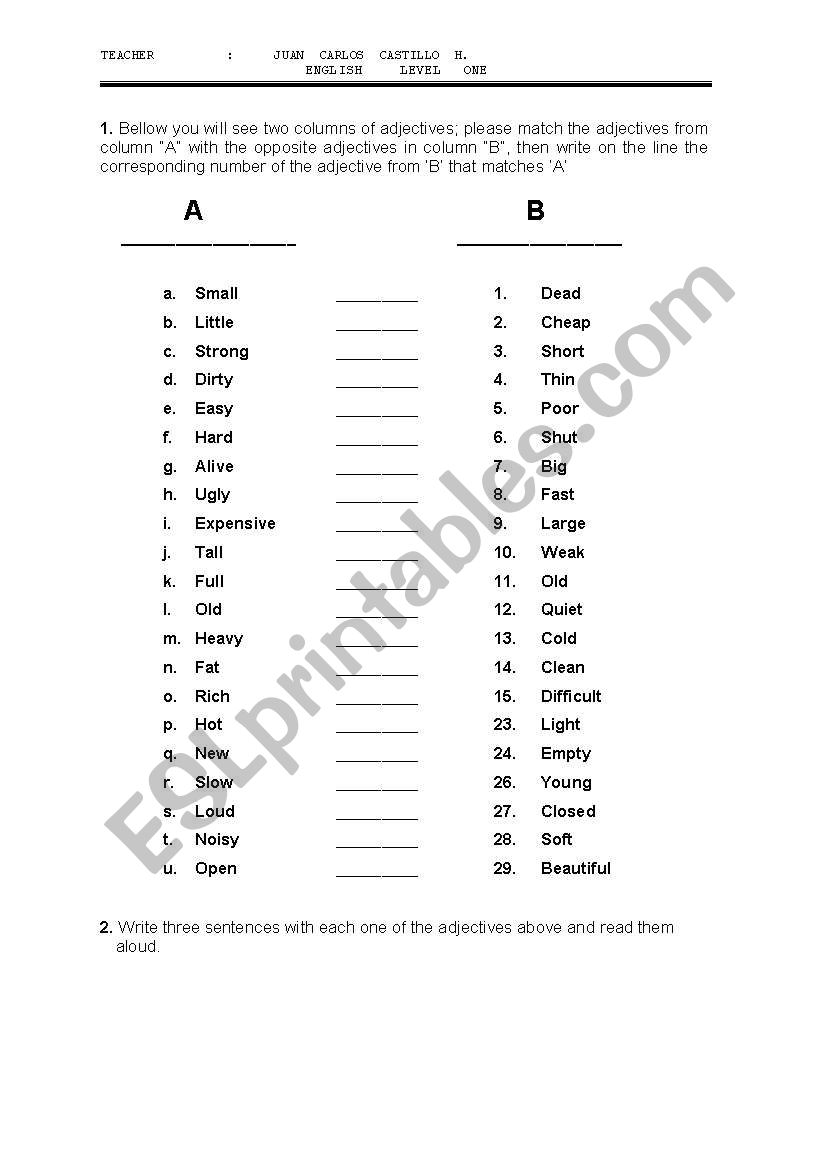 MATCHING ADJECTIVES worksheet