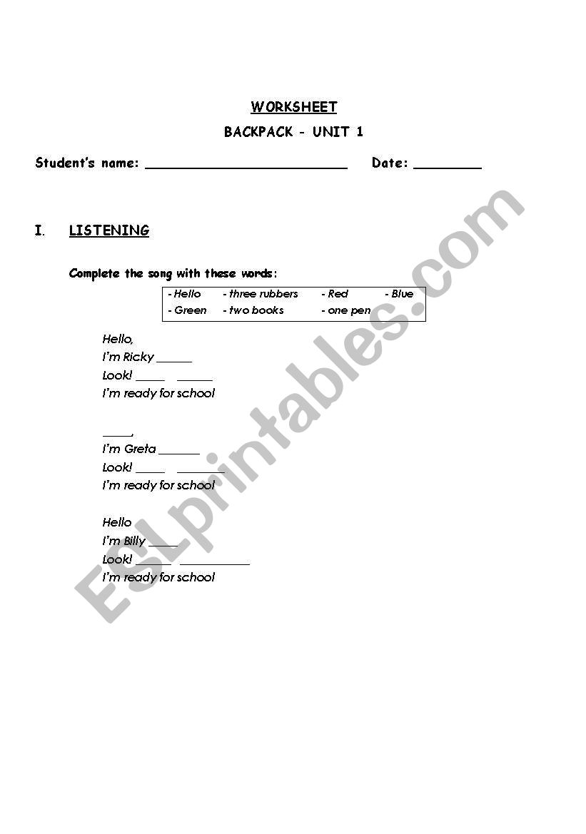 Backpack Book 1 - Unit 1 Worksheet