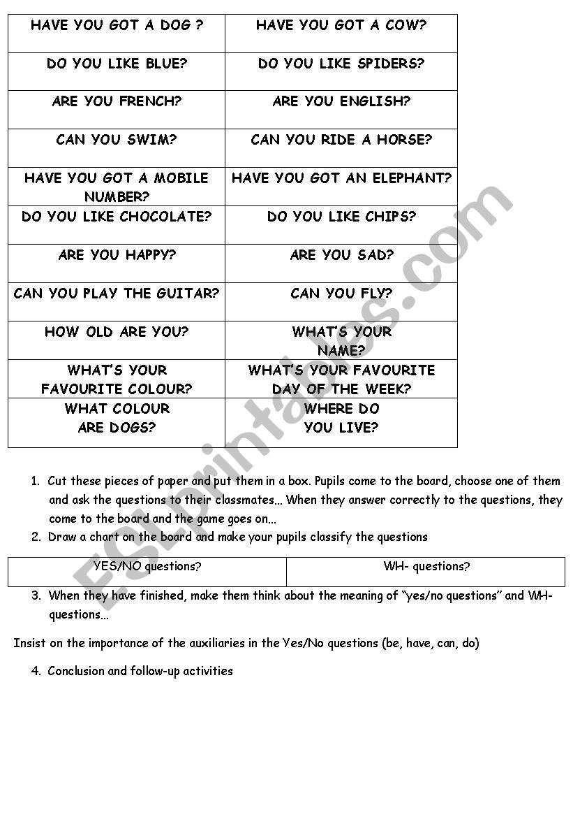 YES/NO and WH- QUESTIONS GAME worksheet