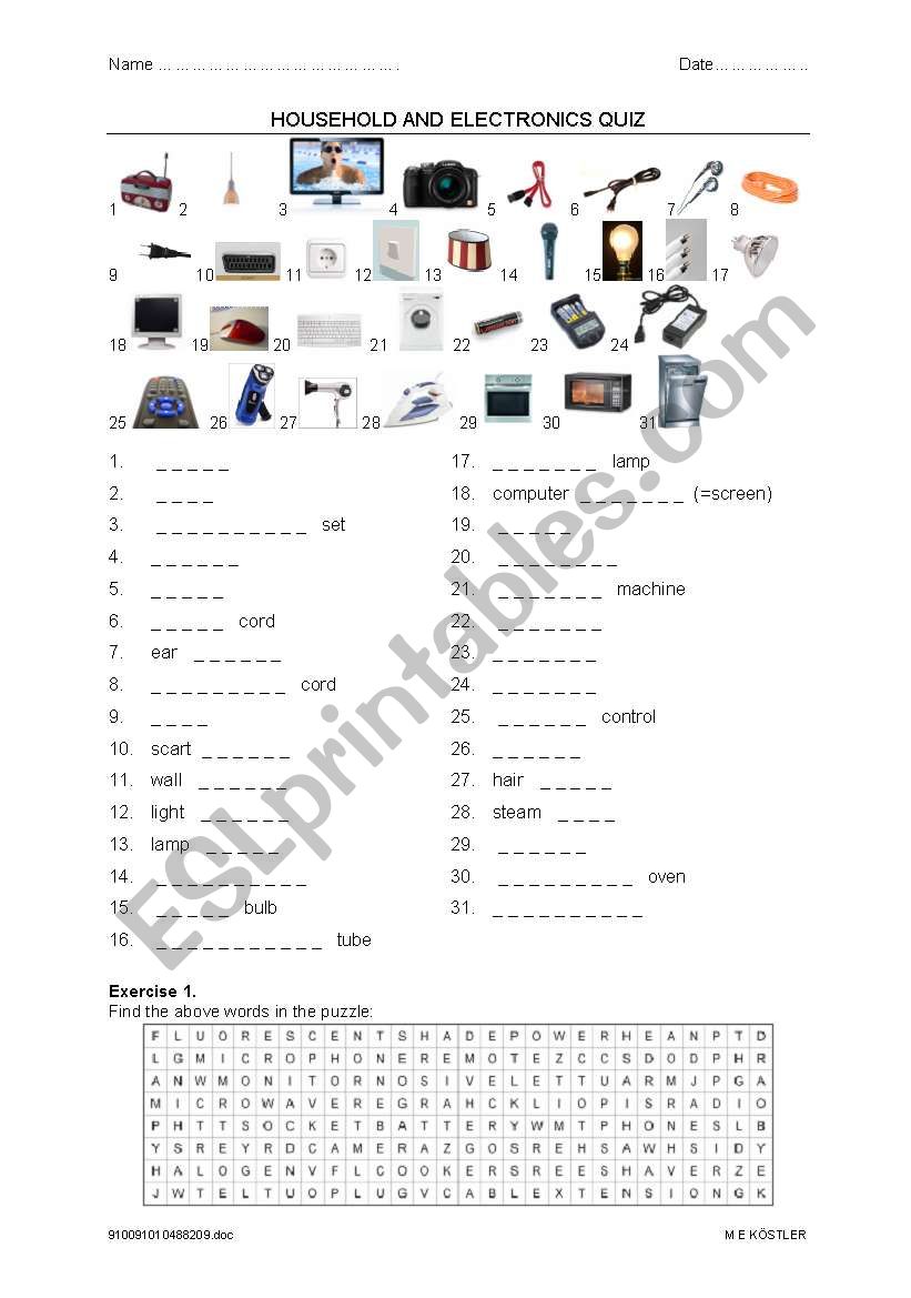 Household & electronic quiz worksheet