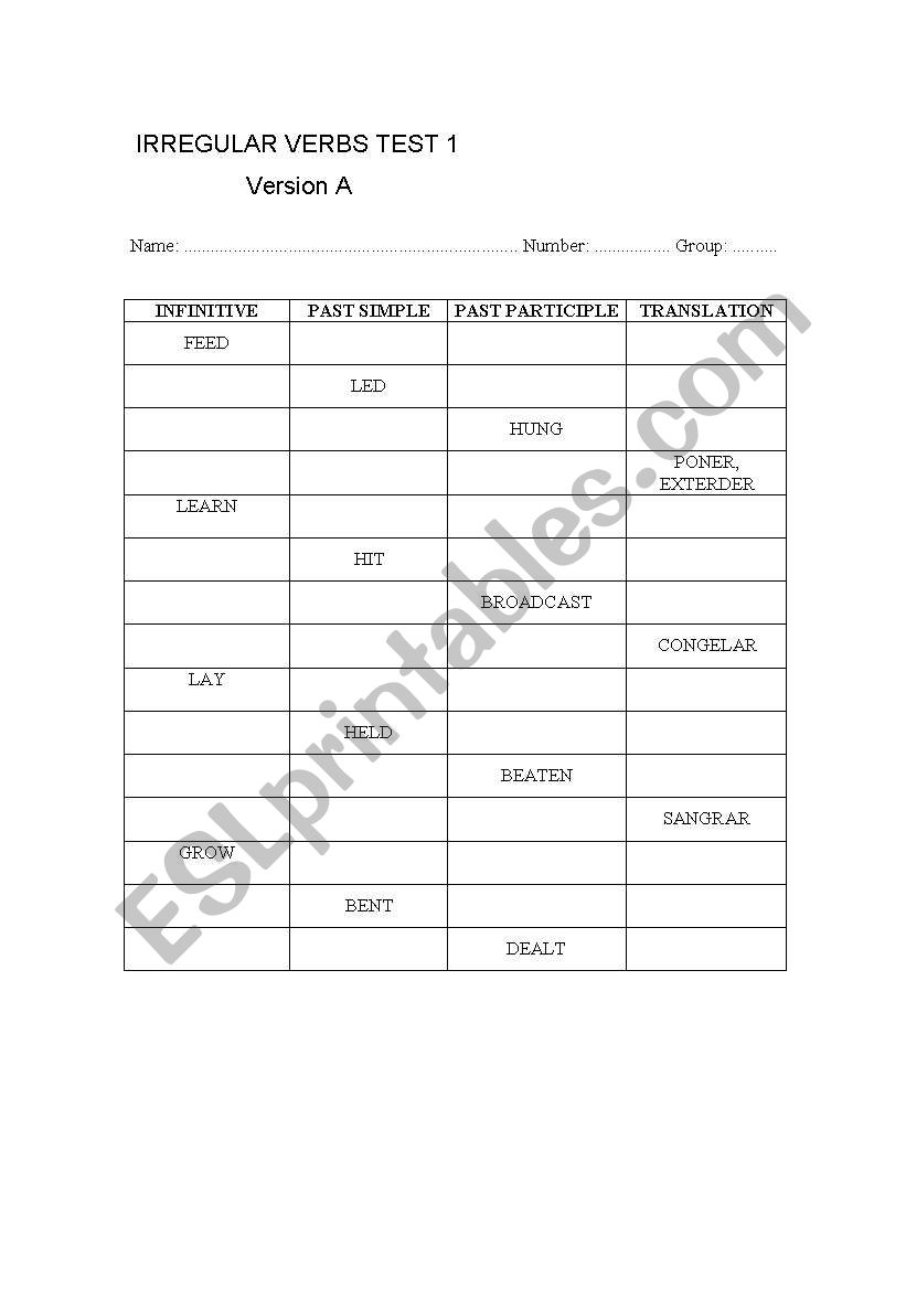 Test of Irregular Verbs worksheet