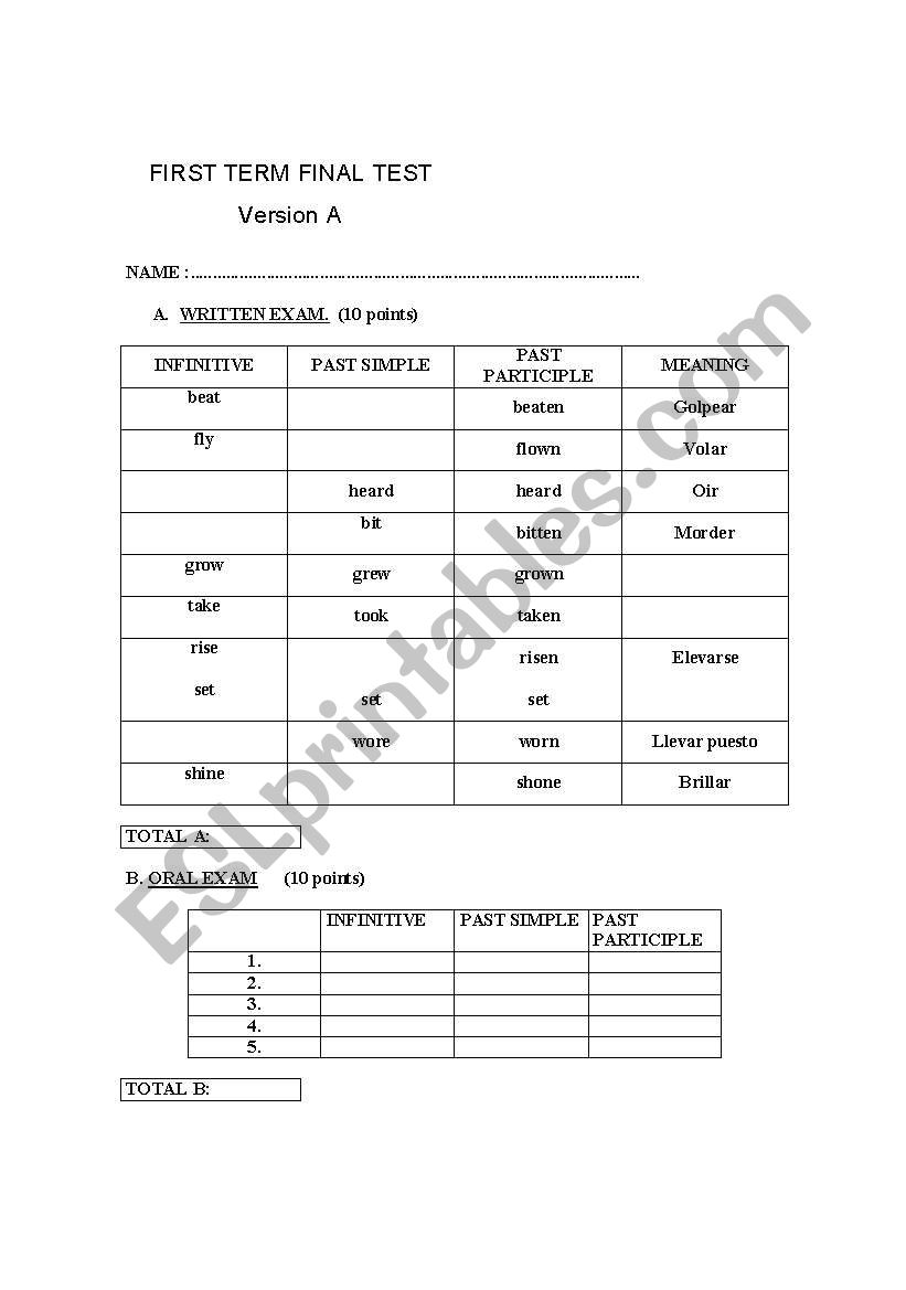 Test of Irregular verbs 4 versions