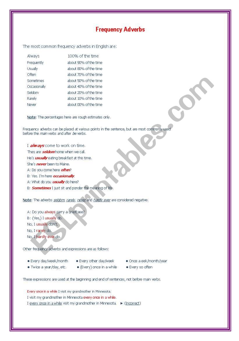 frequency adverbs worksheet