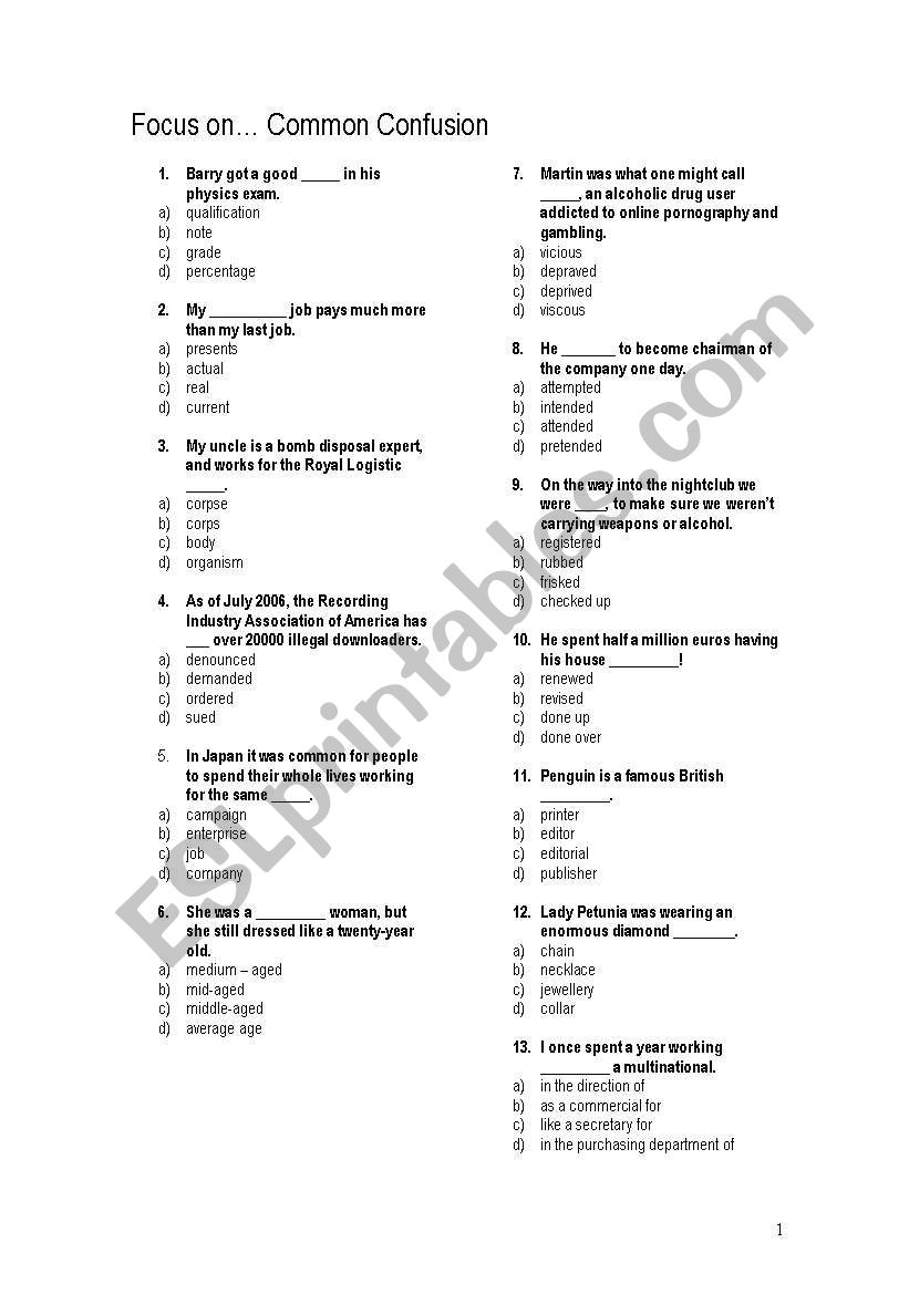 Common Confusion Multiple Choice test