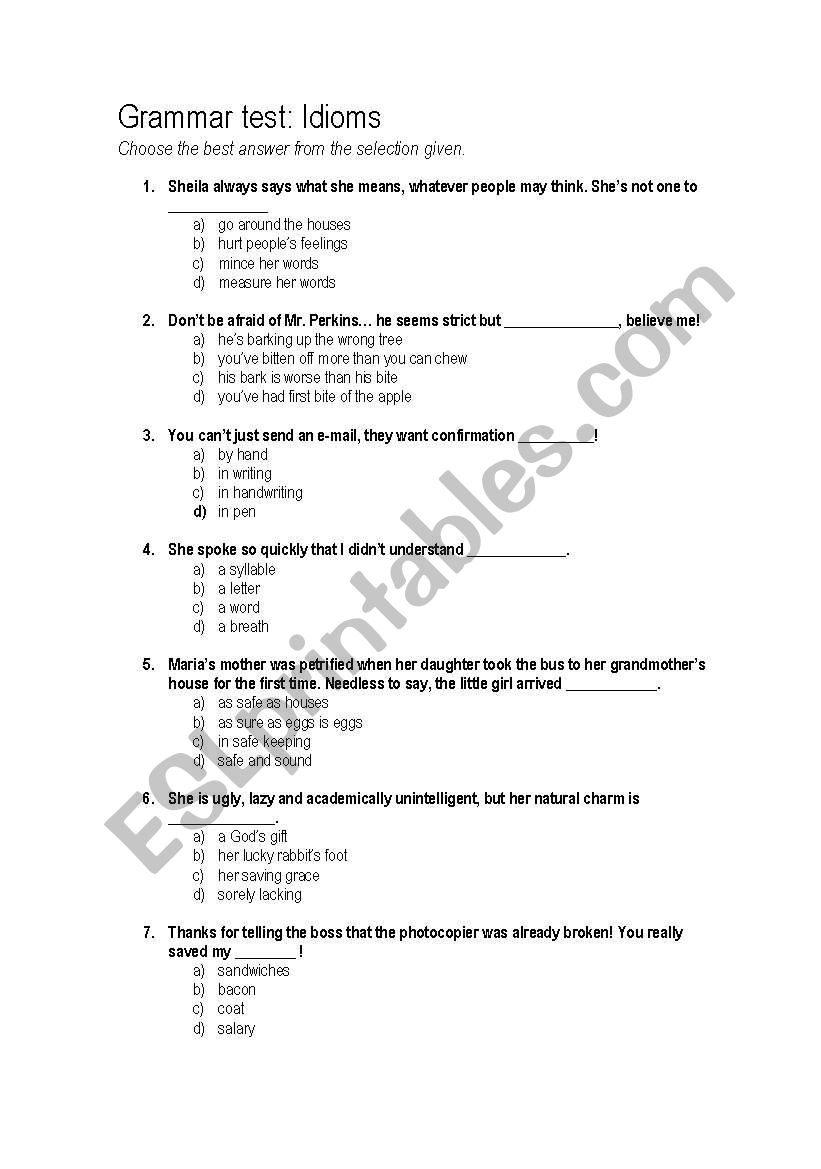 English Idioms Multiple Choice Test