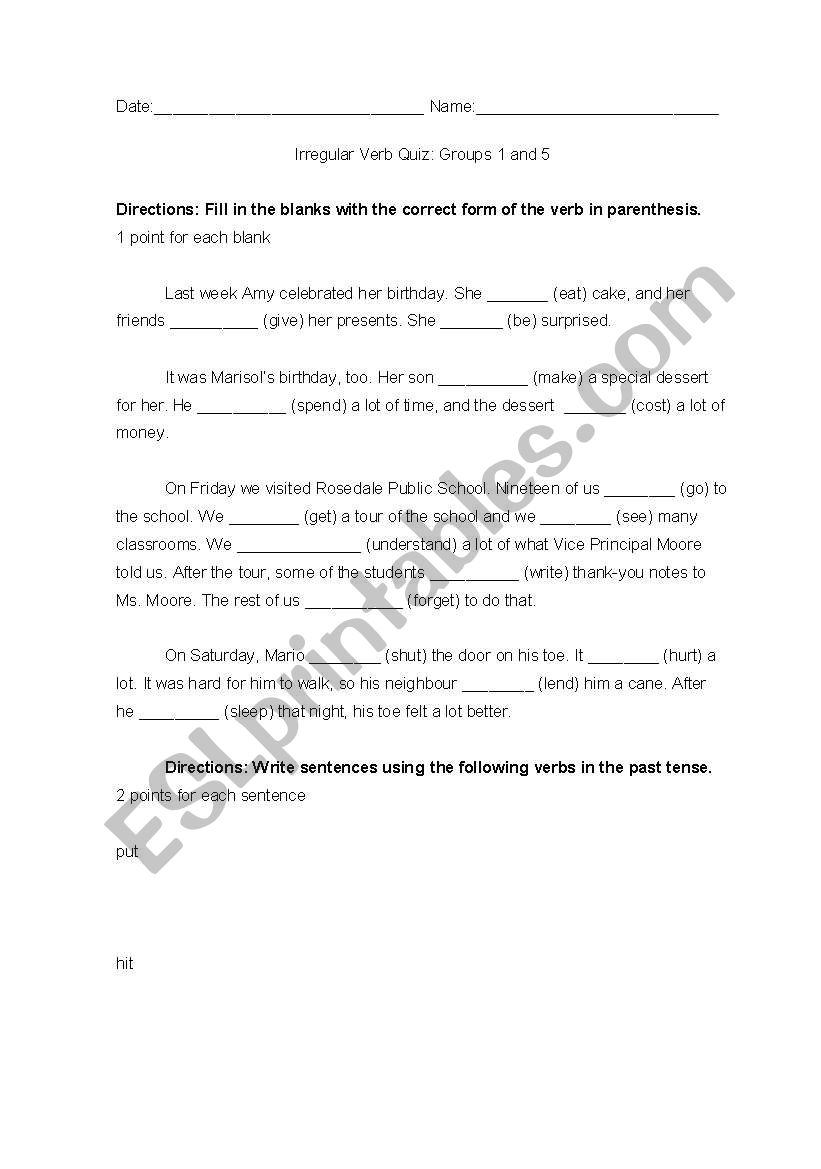 Irregular Verbs Worksheet/Quiz