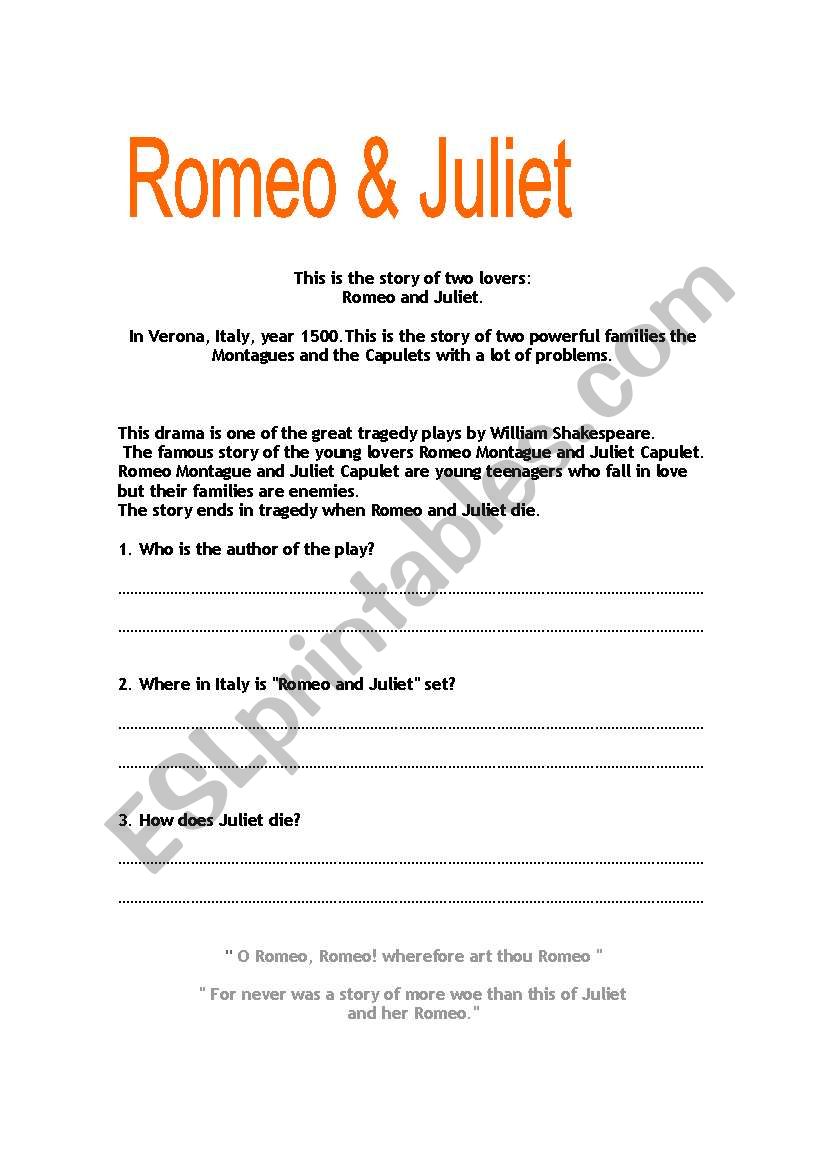 romeo and juliet worksheet