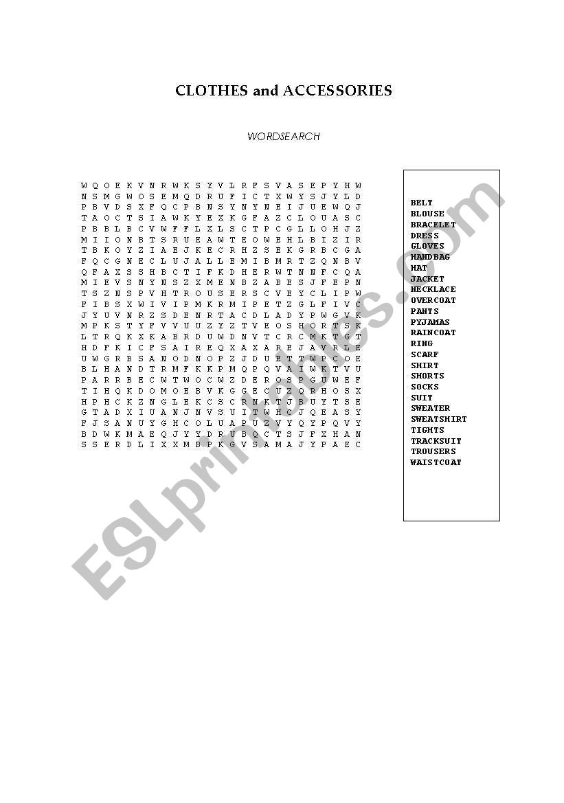Clothes and accessories worksheet