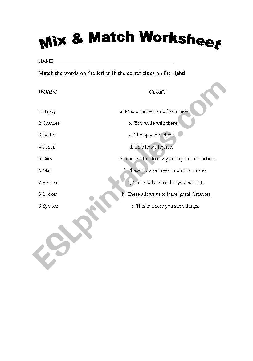 Mix and match worksheet worksheet