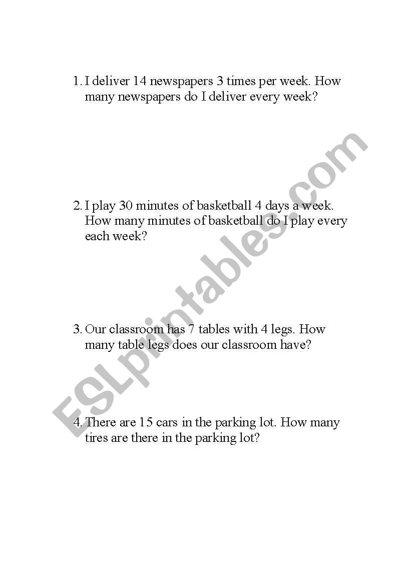 English - Math word problems worksheet