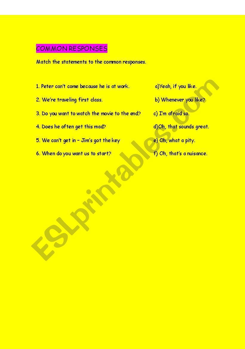 COMMON RESPONSES worksheet