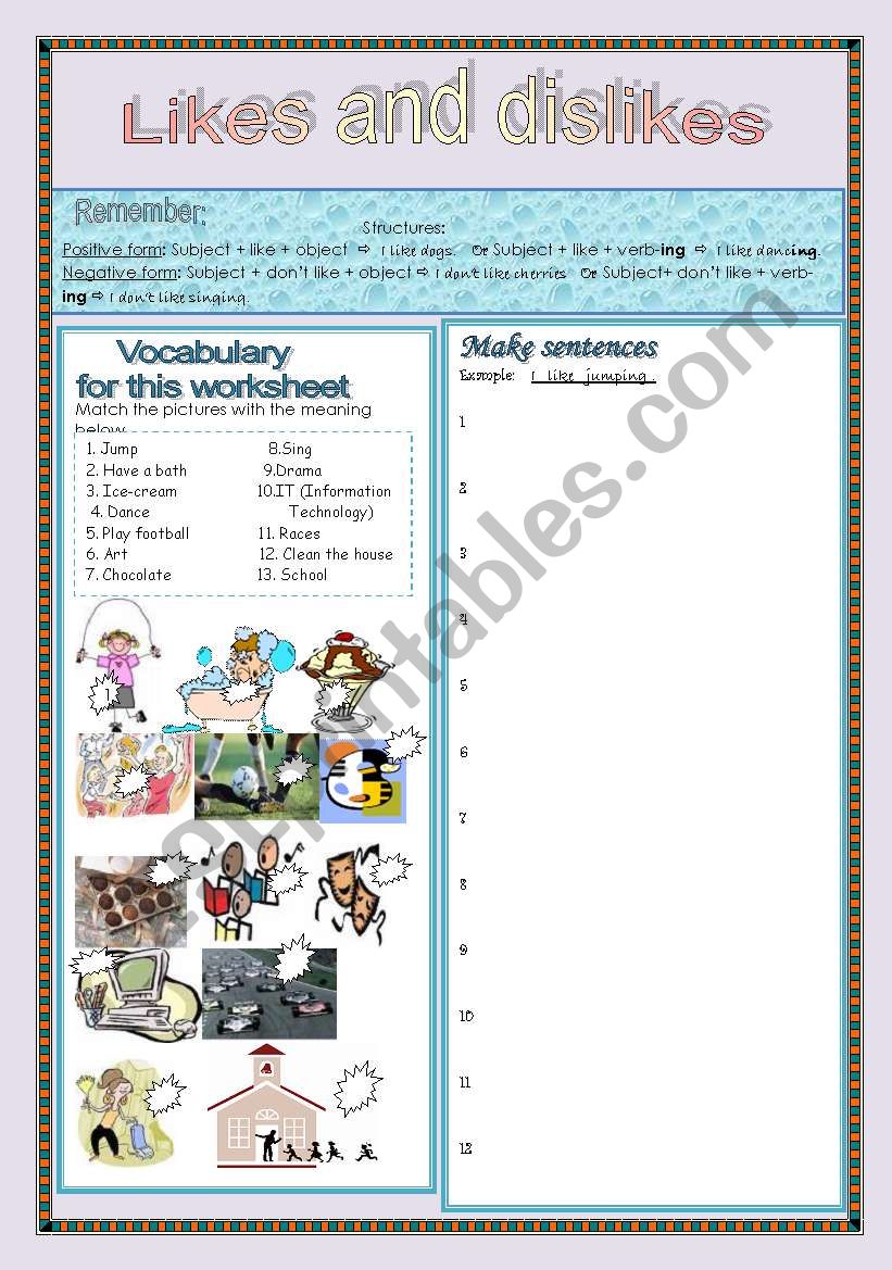 Likes and Dislikes 1/2 worksheet