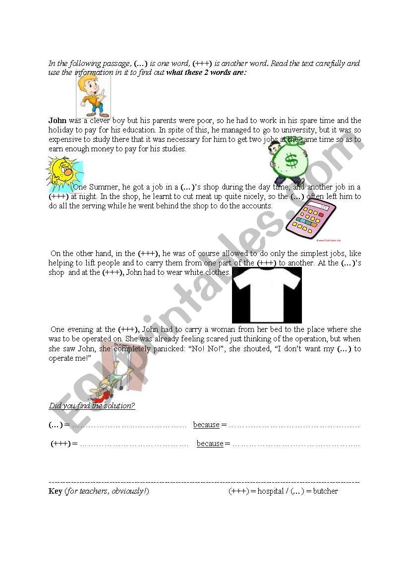 the butcher at the hospital! worksheet