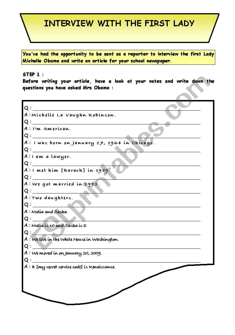 INTERVIEW WITH THE FIRST LADY worksheet