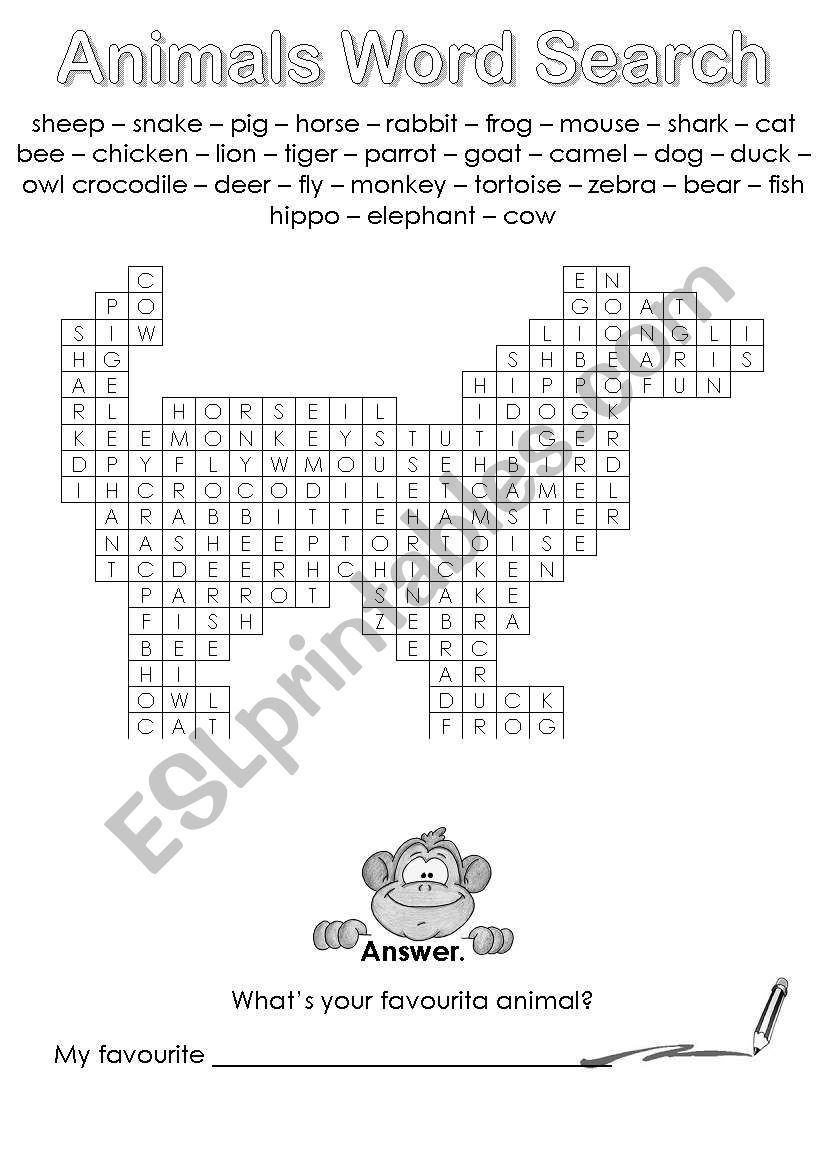 animals word search worksheet