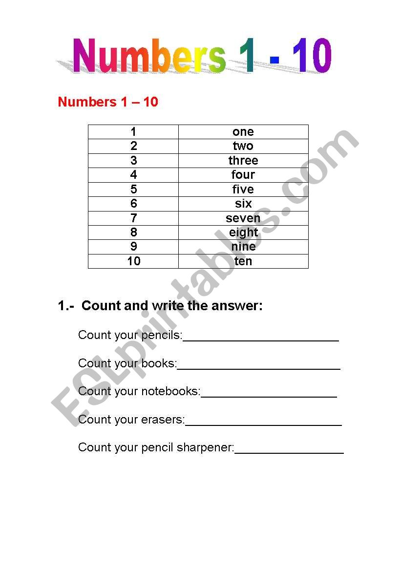 Numbers 1 to 10 worksheet