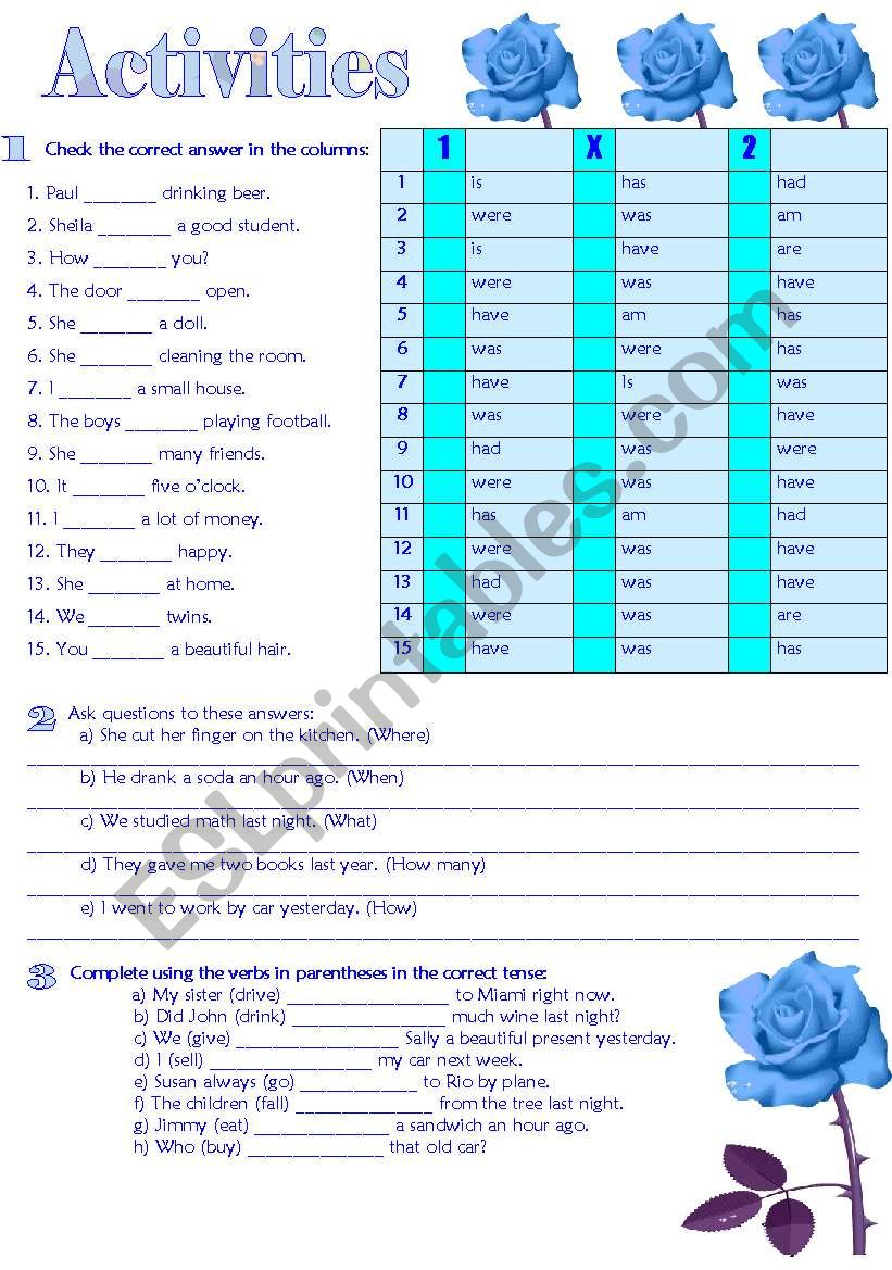 VERBS LOTTERY - Past tense of Be and Have