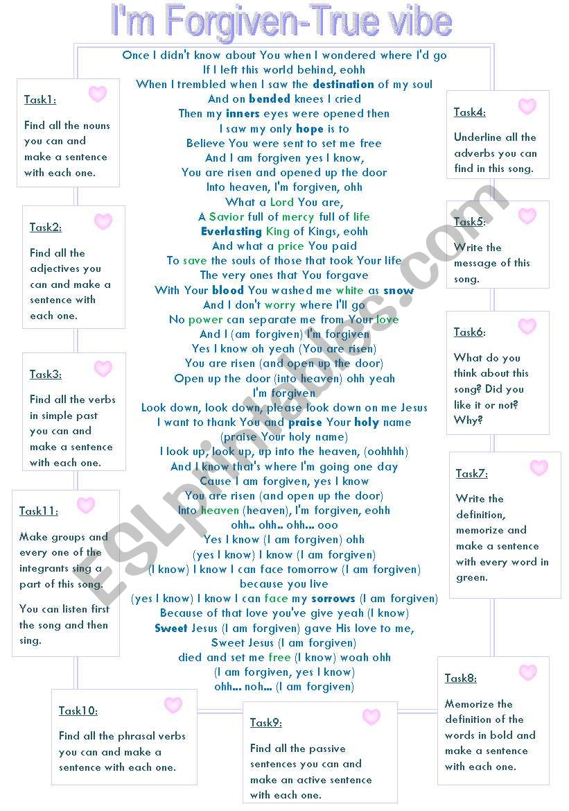 Im forgiven- True vibe worksheet