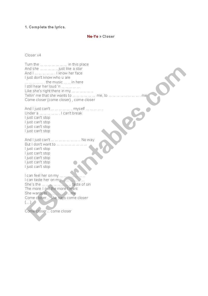 Song- Ne-yo Closer worksheet