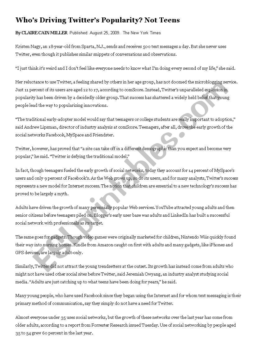Article Twitter and Facebook worksheet