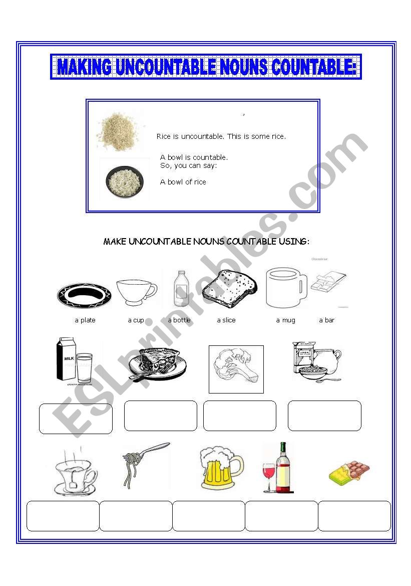 Making Uncountable Nouns Countable Worksheets