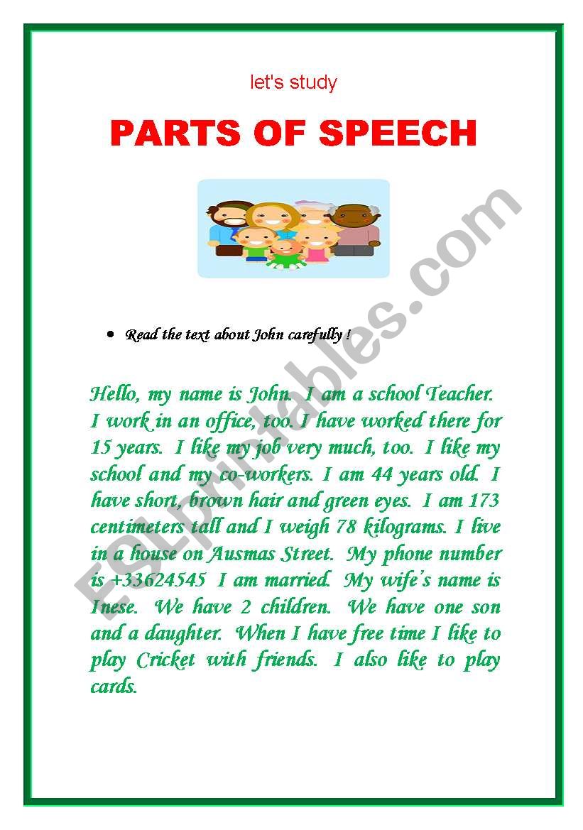 Parts of Speech worksheet