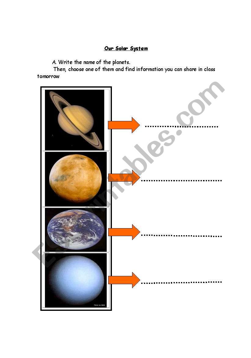 Our solar system worksheet