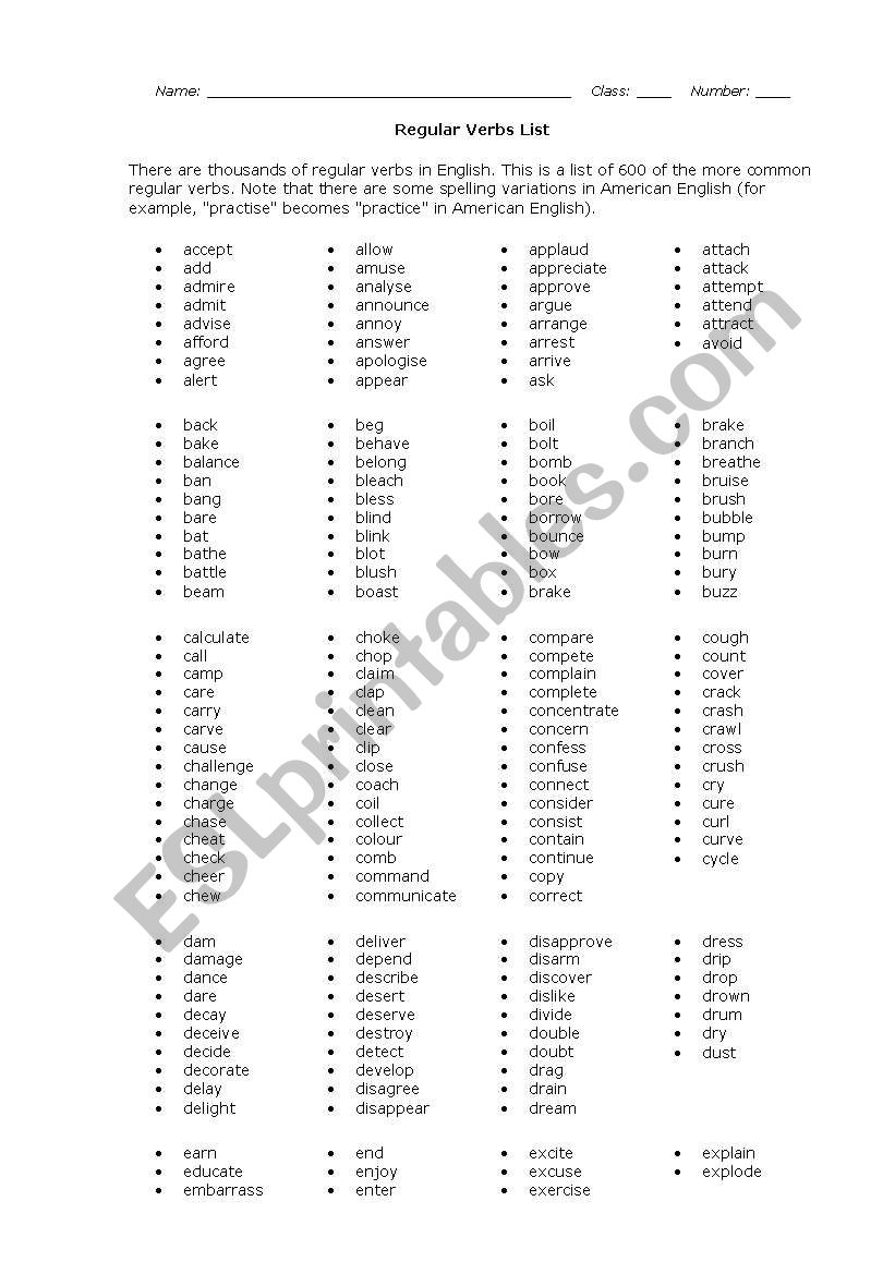 Past Simple - regular verbs (list)