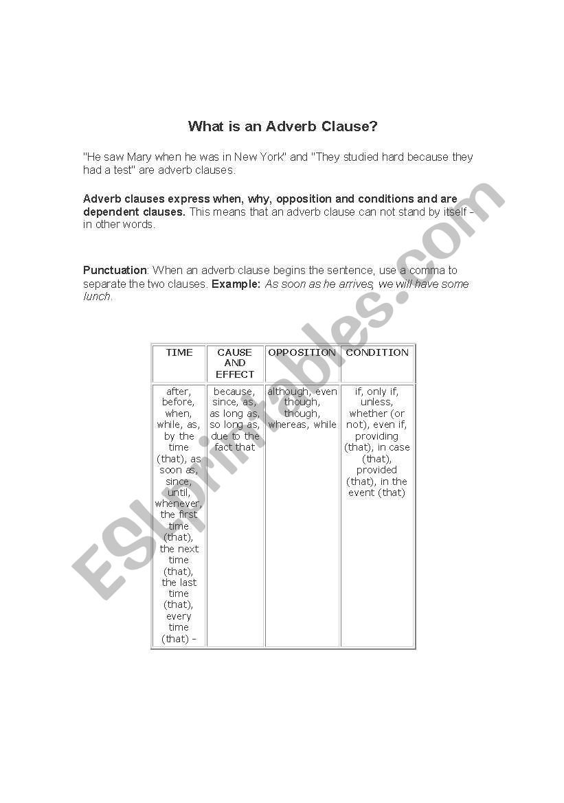 Adverb Clauses worksheet