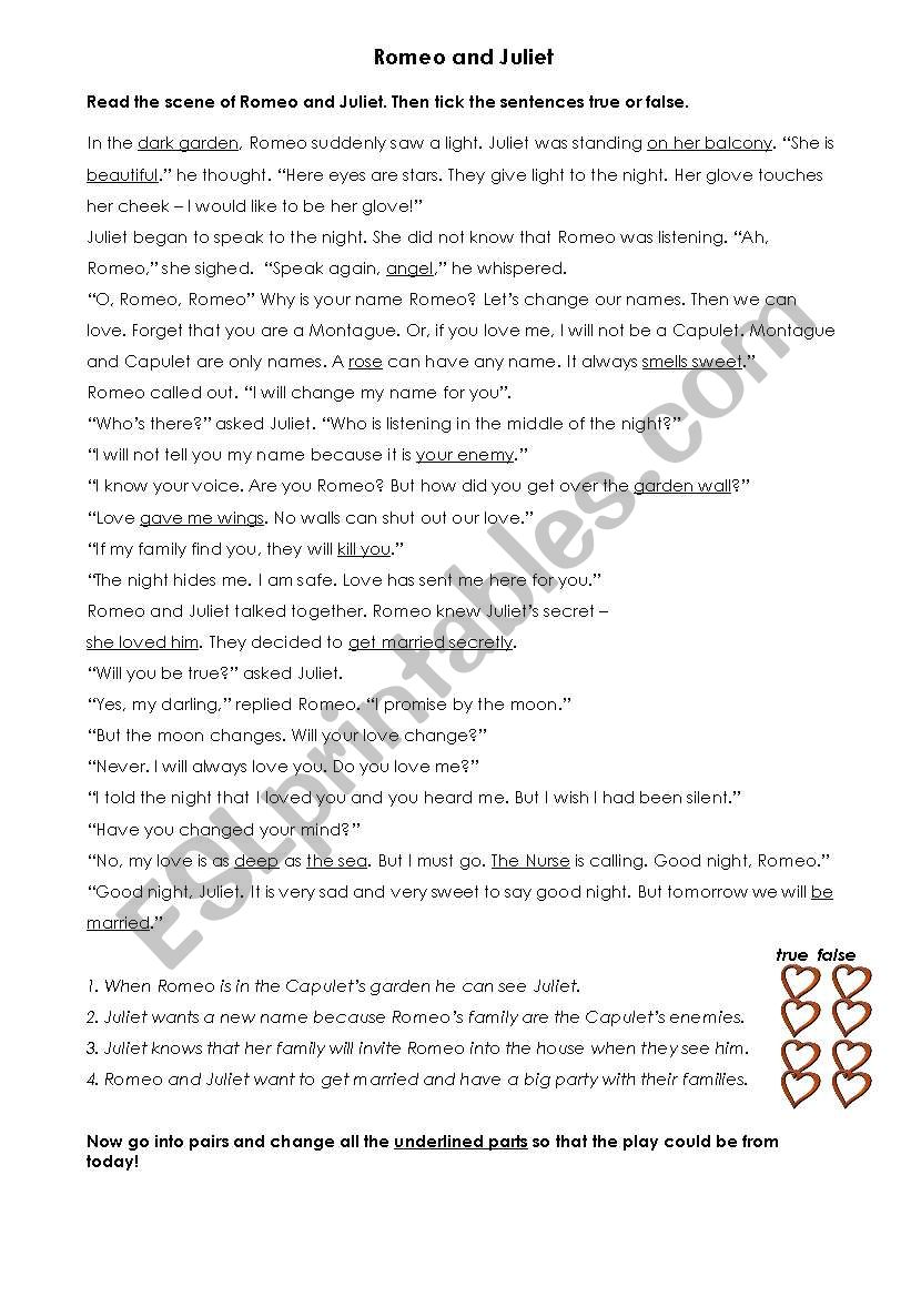 Romeo And Juliet Reading Comprehension Worksheets