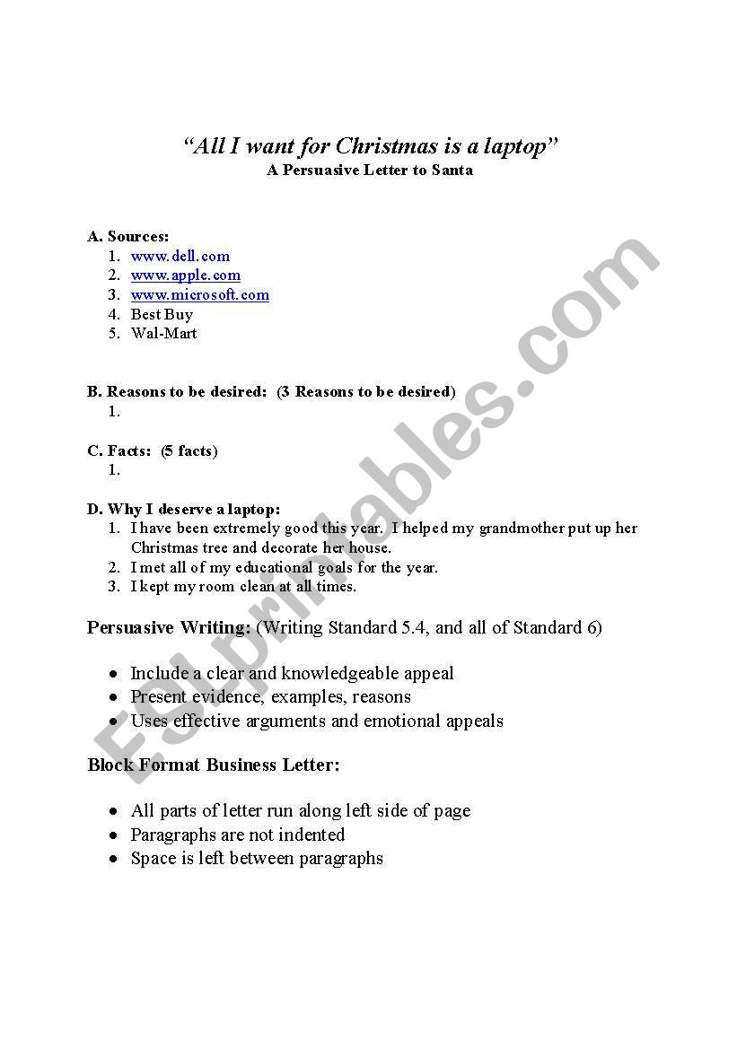 Persuasive Santa Letter worksheet