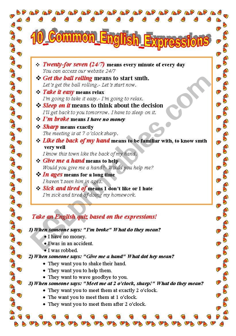 10 common english expressions worksheet