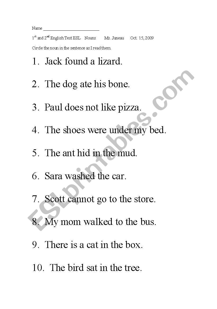 noun worksheet or test worksheet