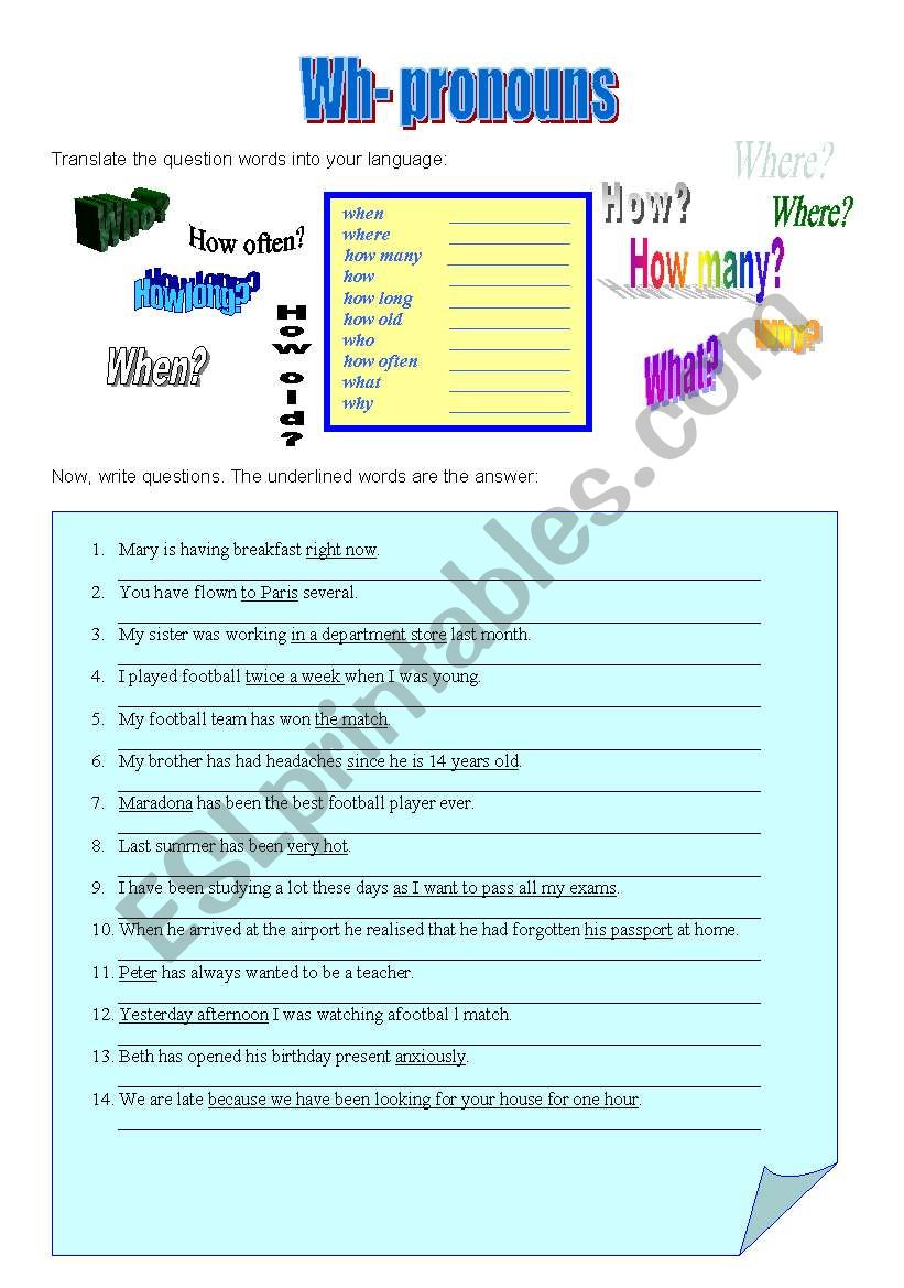 Wh pronouns 2 worksheet