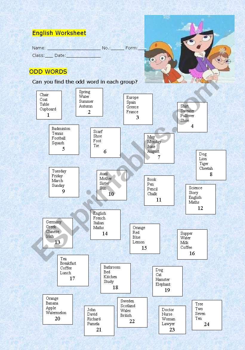Odd word out worksheet