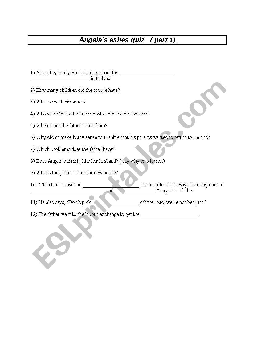 Angelas ashes worksheet