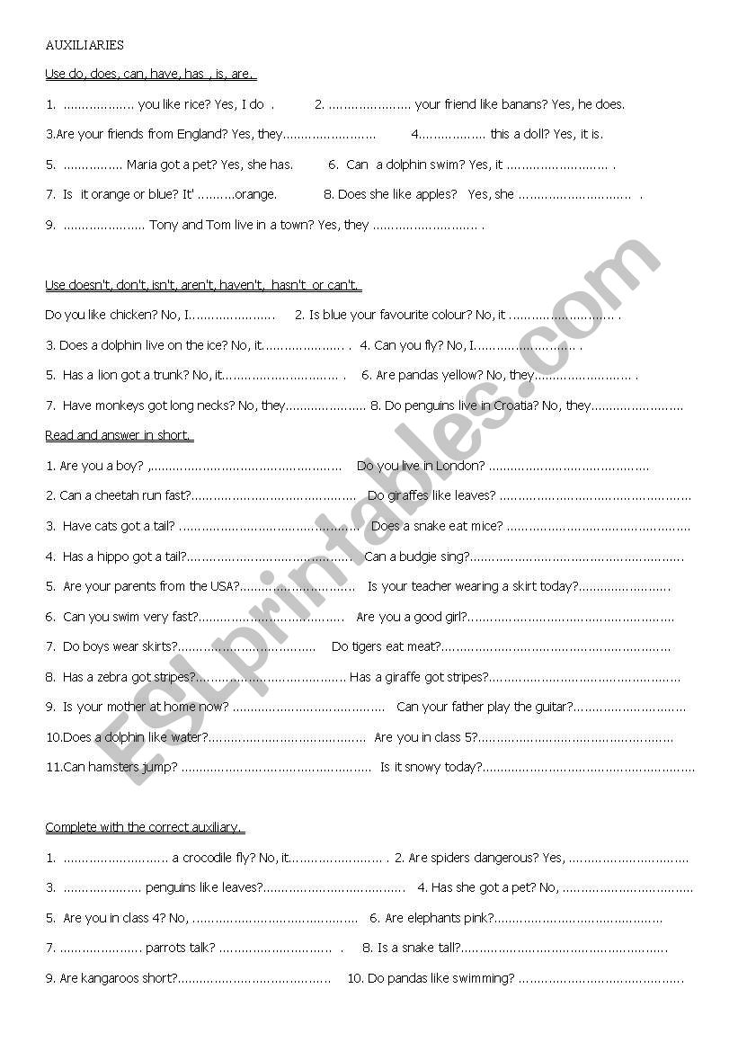 auxiliaries worksheet