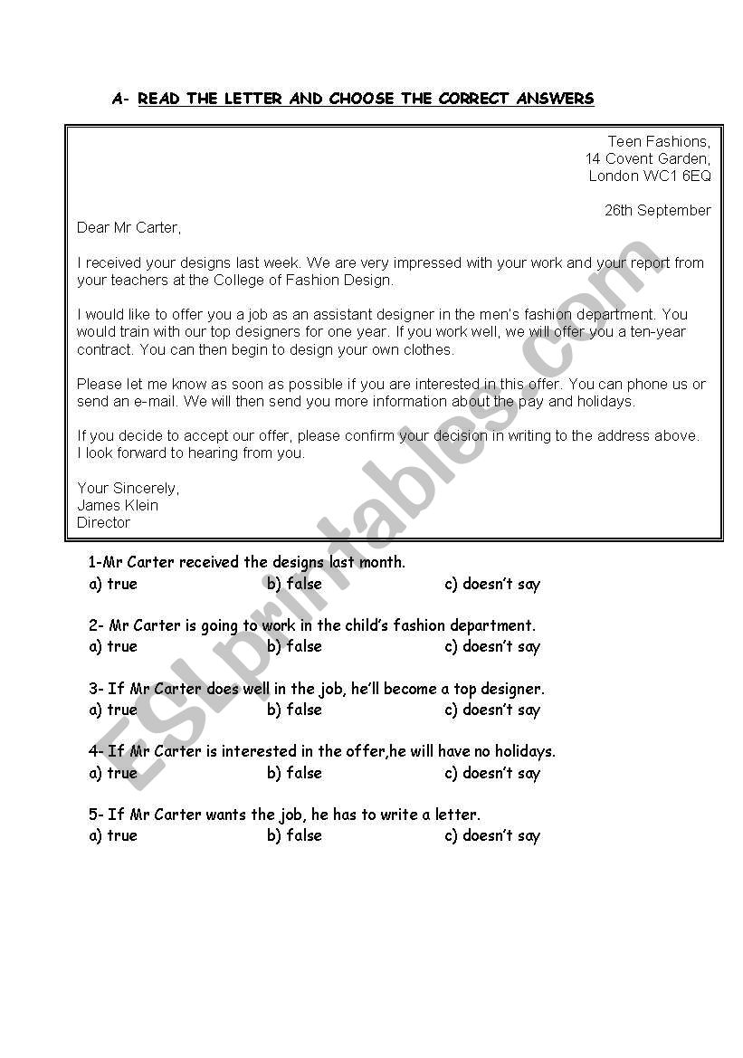 reading worksheet