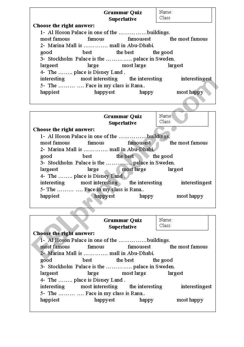 Superlative quize worksheet