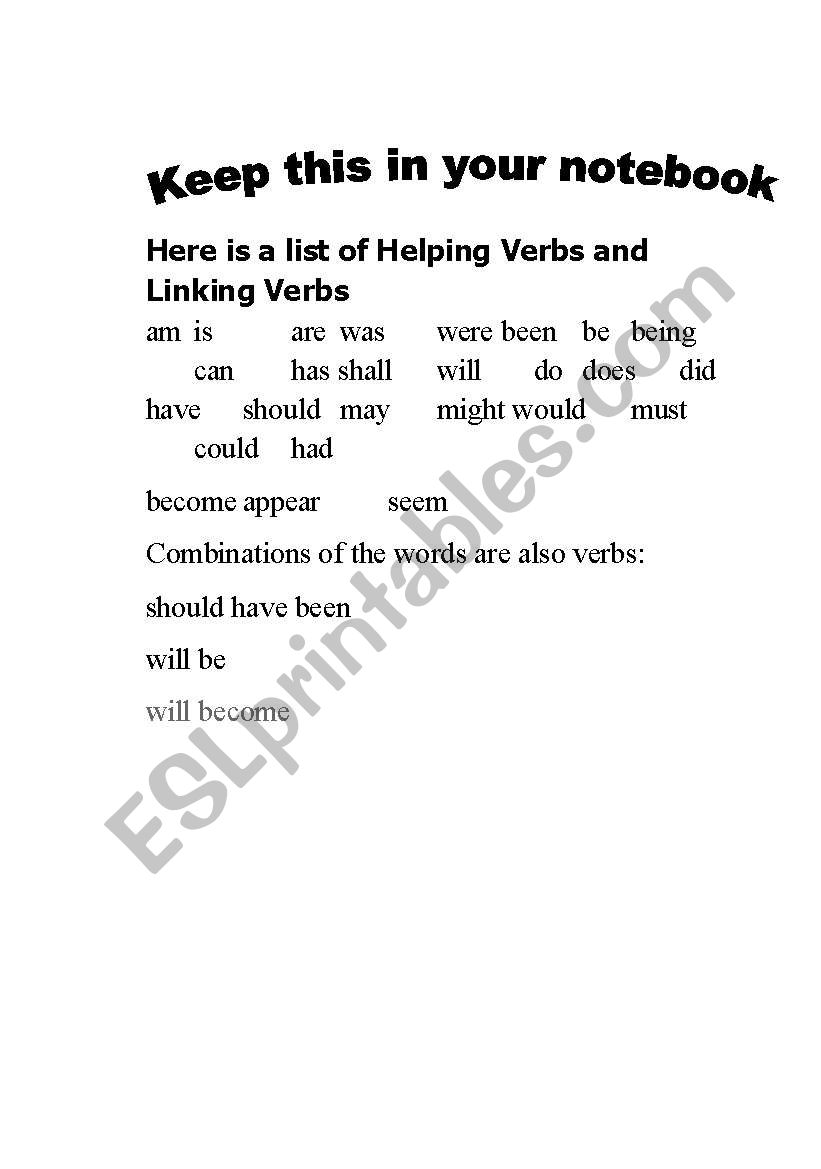 English worksheets: helping and linking verb notes In Linking And Helping Verbs Worksheet