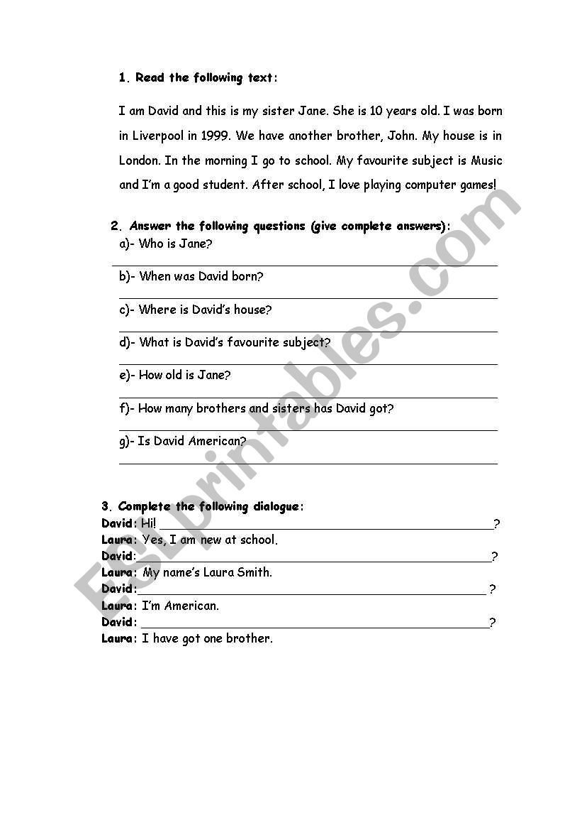 Reading Comprehension worksheet