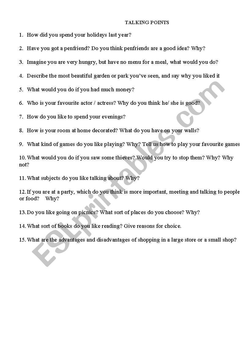 talking points worksheet