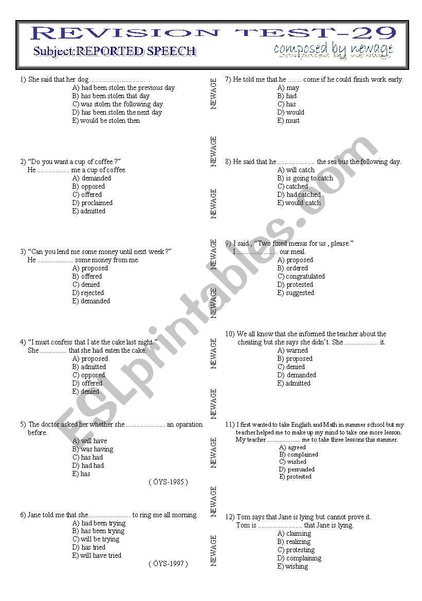 REPORTED SPEECH REVISION worksheet