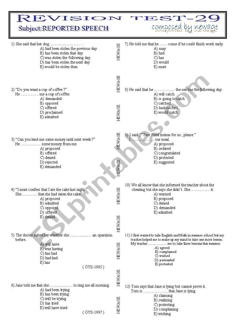 REPORTED SPEECH REVISION worksheet