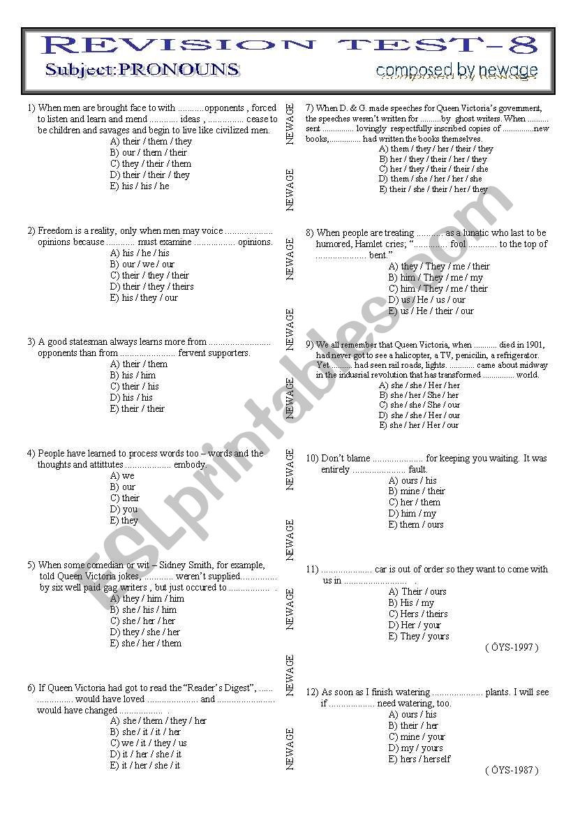 PRONOUNS  ( REVISION) worksheet