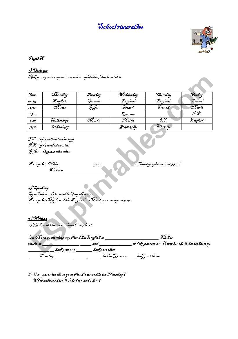 school timetables pairwork worksheet