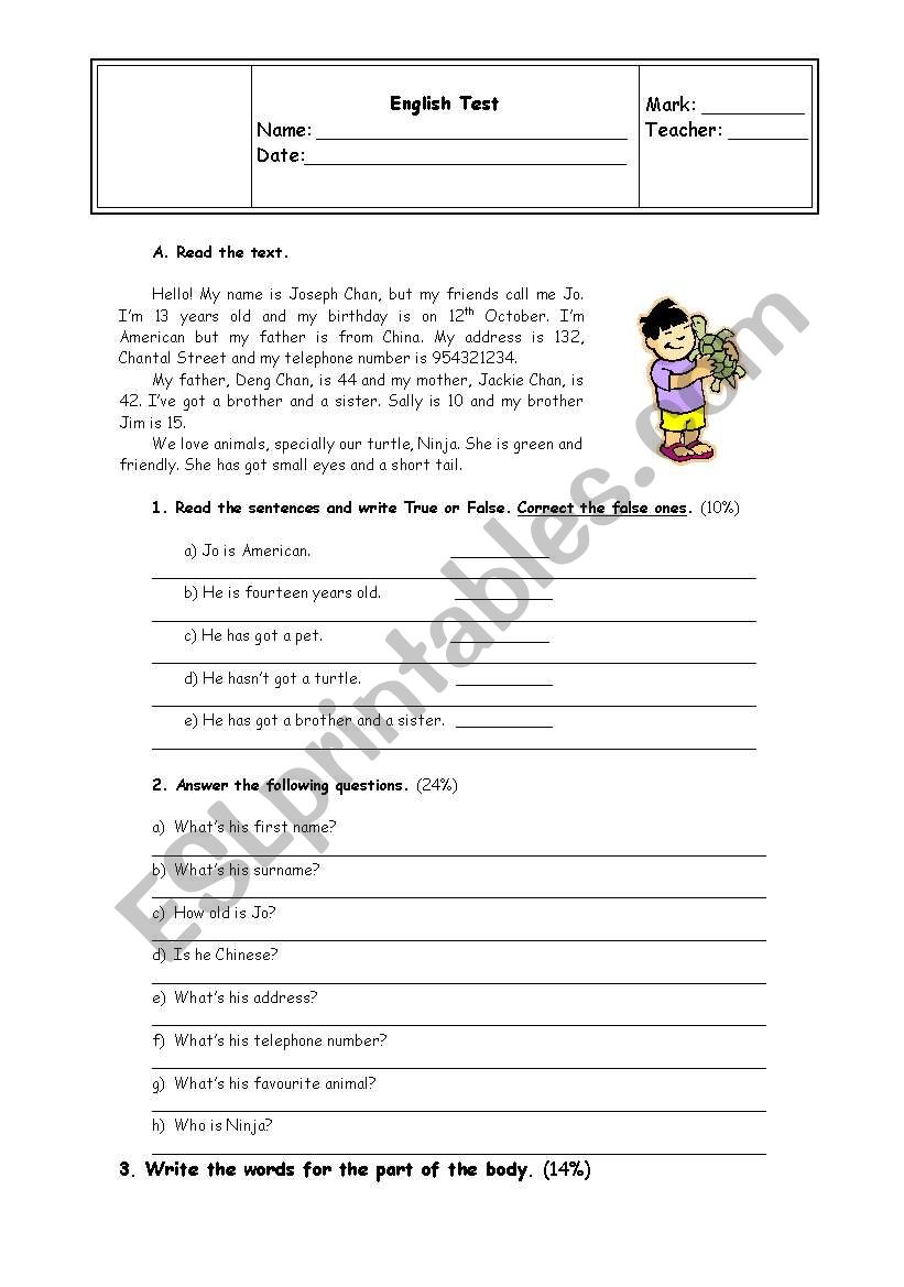 9th grade test worksheet